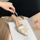 Zapatos de tacón francés retro con punta en punta y talón abierto para mujer